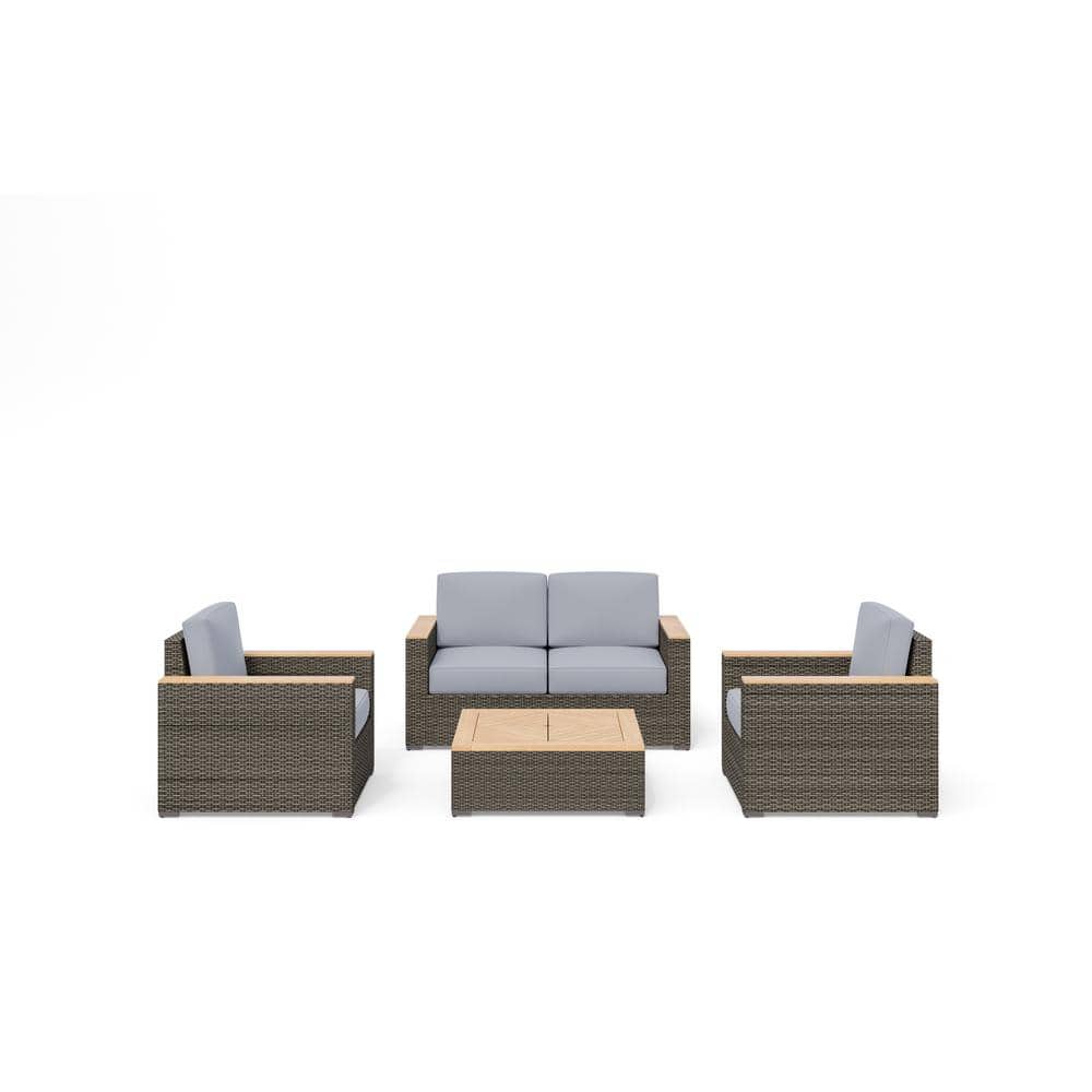 Boca Raton 4 Piece Gray Wicker Patio Conversation Set LoveSeat, 2 Lounge Chairs & Coffee Table with Gray Cushions -  GSI Homestyles, 6801-60-11D-21
