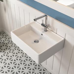 23 in. Ceramic Rectangular Wall-Mount Bathroom Vessel Sink in Glossy White with Overflow