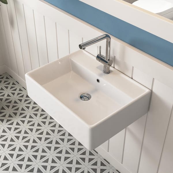 DEERVALLEY 23 in. Ceramic Rectangular Wall-Mount Bathroom Vessel Sink in Glossy White with Overflow