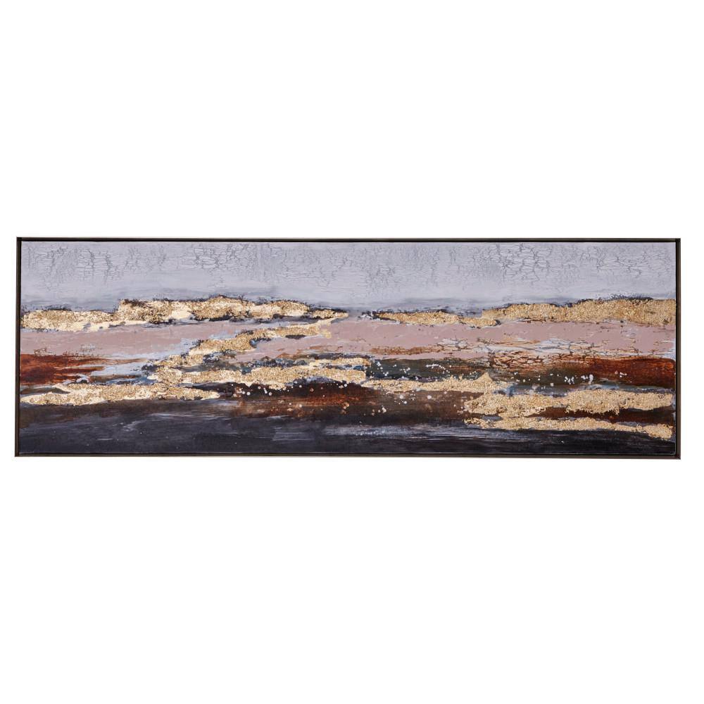 59" x 20" Gold and Beige Abstract Acrylic Landscape Painting on Canvas