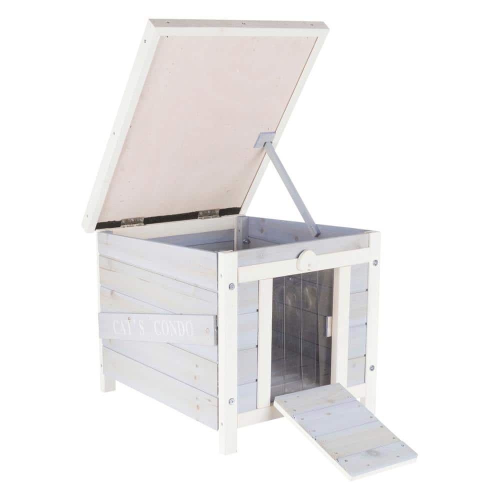 Gray and White Wooden Cat Condo with Hinged Roof