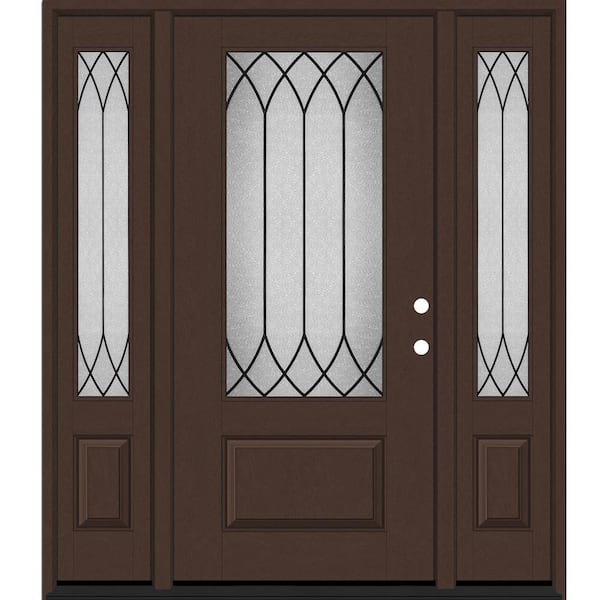 Steves & Sons Regency 68 in. x 80 in. 3/4 Spire Decorative Glass LHIS Chestnut Mahogany Fiberglass Prehung Front Door dB 14 in. SL