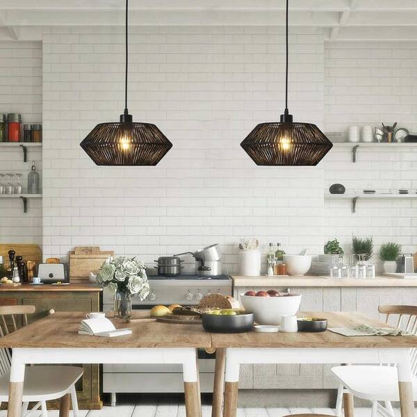 LWYTJO 60-Watt 1-Light Black Dimmable Paper Rattan Lampshade