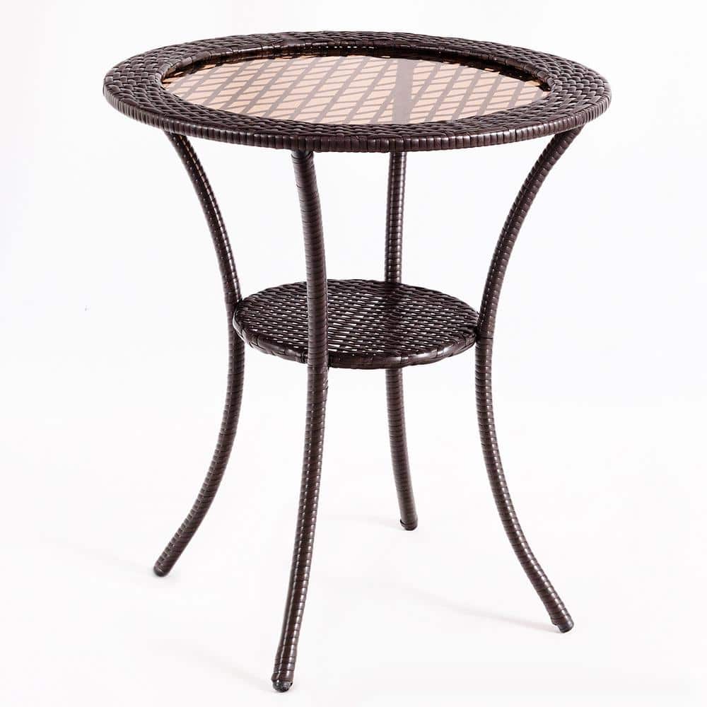 Outdoor Round Brown Rattan Wicker Coffee Table with Glass Top