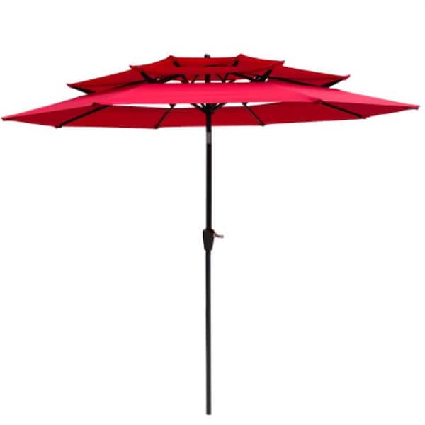 ITOPFOX 9 ft. Outdoor Patio Market Umbrella with 3-Tier, Crandk, Tilt and Wind Vents for Graden Deck Backyard, Red