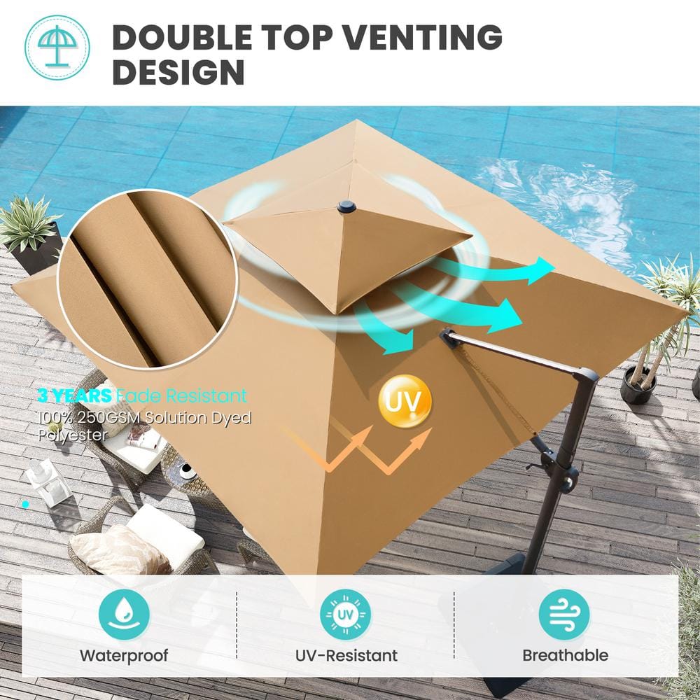 11 ft. Tan Square Cantilever Patio Umbrella with Metal Pole