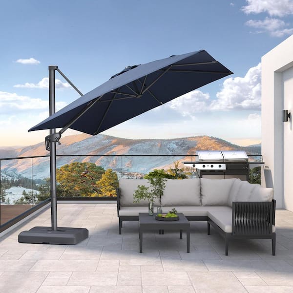 PURPLE LEAF 8 ft. Square Outdoor Patio Cantilever Umbrella Aluminum Offset 360° Rotation Umbrella with Base, Navy Blue