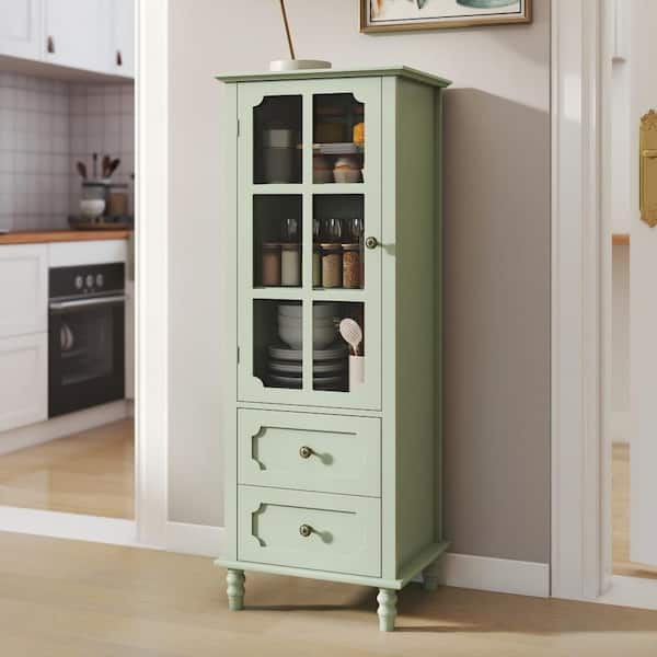 Green Wood Buffet Kitchen Pantry Cabinet with Glass Doors and Double Drawer