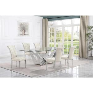 Meryl 7-Piece Rectangular Glass Top Stainless Steel Base Dining Set With 6-Cream Velvet Chrome Iron Legs Chairs