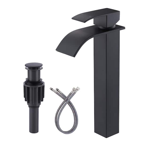 ARCORA Waterfall Single Handle Single Hole Bathroom Faucet with Drain Kit Included Supply Lines in Matte Black
