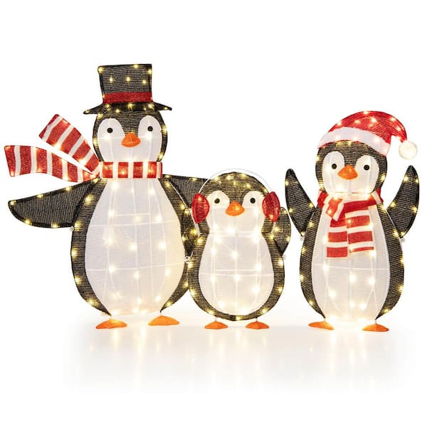 1.8 ft. 2.5 ft. 3 ft. Metal Plug in Lighted Penguin Family with 194 LED Lights Zip Ties andGround Stakes