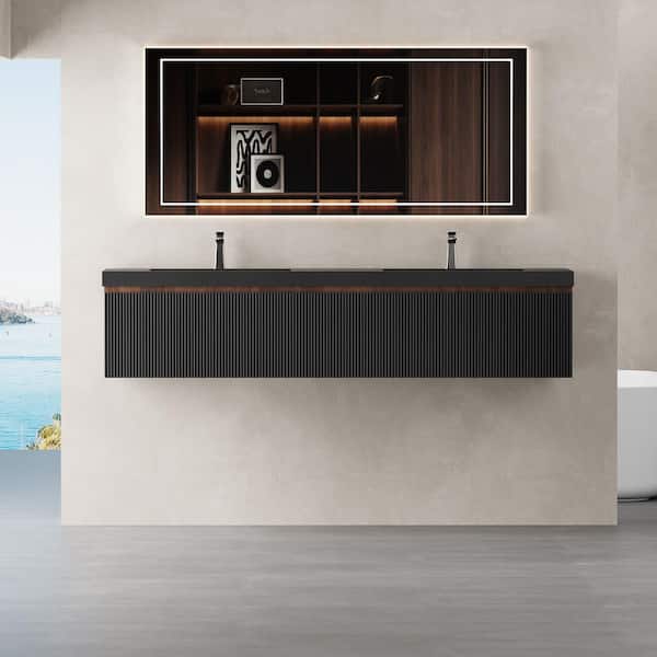 72 in. Wall-Mounted Bath Vanity Modern Double Sink Floating Bathroom Vanity in Smoked Walnut with Black Quartz Sand Top