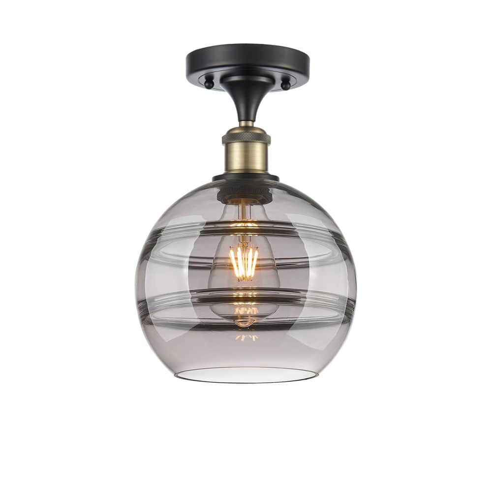 Rochester 8 in. 1-Light Black Antique Brass Industrial Semi-Flush Mount with Smoked Glass Shade price history on PriceWatchPro