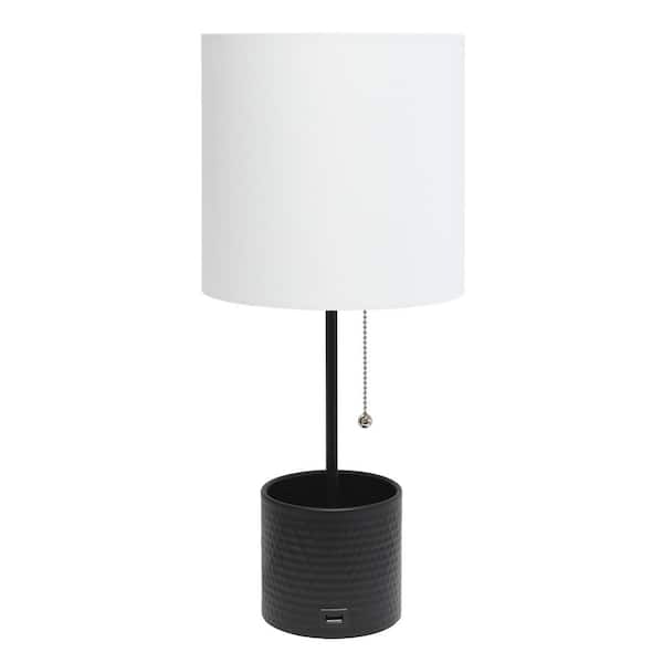Simple Designs 18.5 in. Black Hammered Metal Organizer Table Lamp with USB Charging Port and Fabric Shade