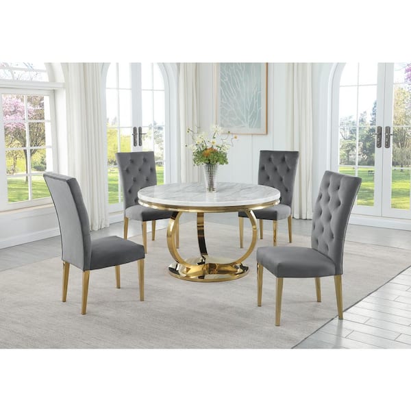 Best Master Furniture Lexington 52 in. L Round White Faux Marble Pedestal Dining Table in Gold (Seats 6)