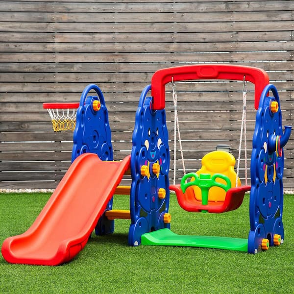 3 in 1 Junior Children Climber Slide Swing Seat Basketball Hoop Playset Backyard