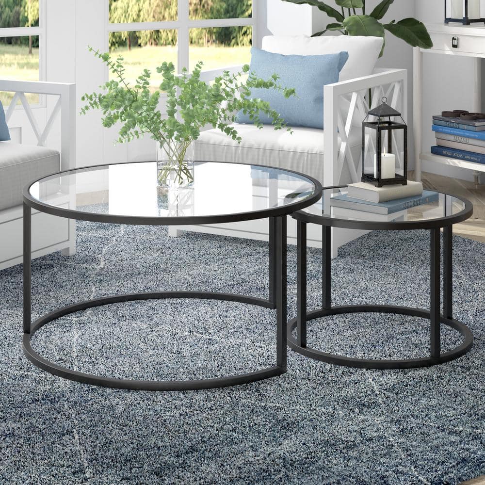 Aurora Blackened Bronze Round Nesting Coffee Table Set with Glass Tops