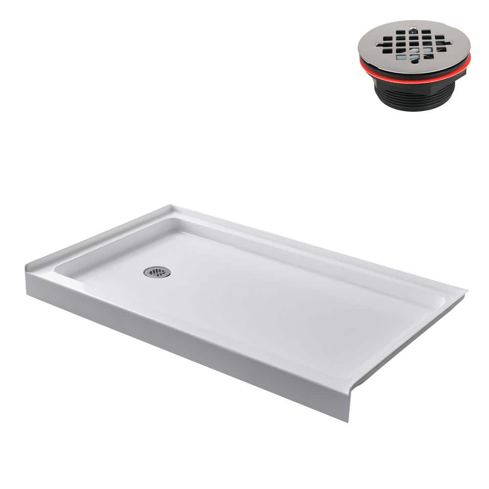 Glossy White Rectangular Acrylic Alcove Shower Base with Left Drain