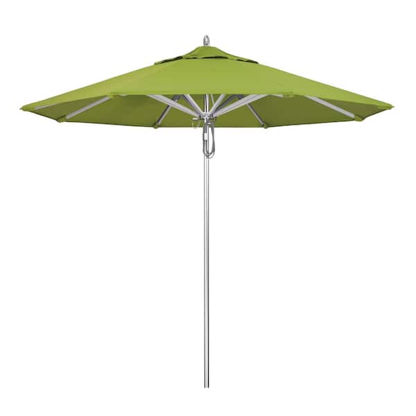 California Umbrella 9 ft. Silver Aluminum Commercial Market Patio Umbrella with Pulley Lift in Macaw Sunbrella
