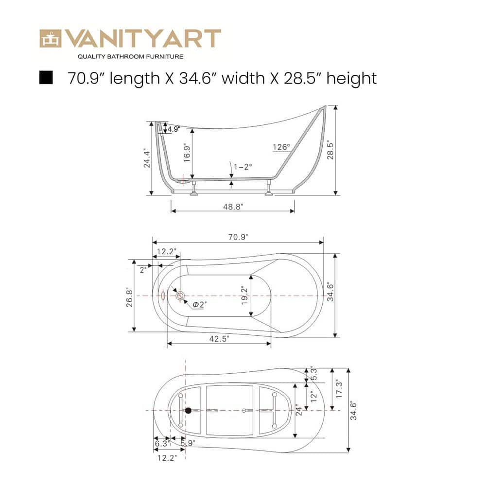 71'' White Acrylic Freestanding Soaking Bathtub