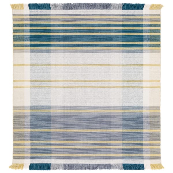 SAFAVIEH Striped Kilim Beige Teal 6 ft. x 6 ft. Plaid Striped Square Area Rug