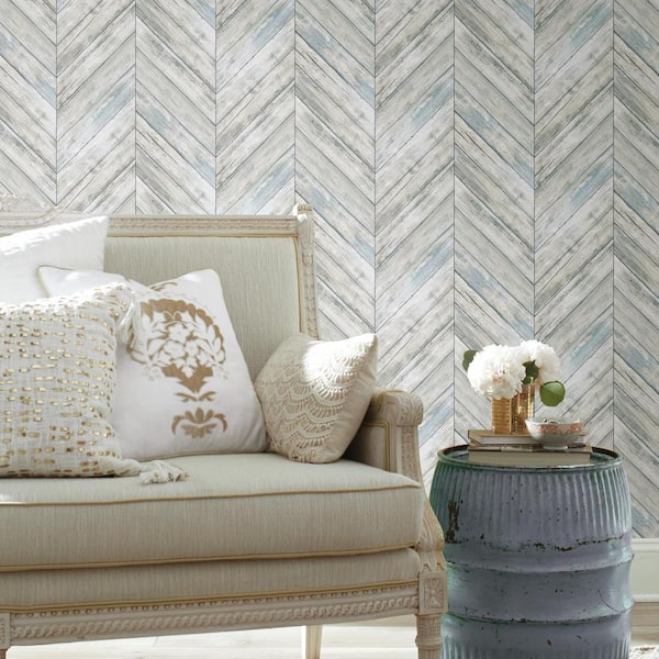 Herringbone Wood Boards Blue and Tan Peel and Stick Wallpaper (Covers 28.18 sq. ft.)
