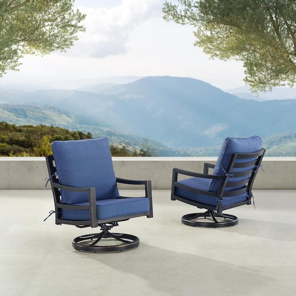 Oakland Living Pair of Black Aluminum Deep Seating Swivel Rocker Club Chairs with Cushions
