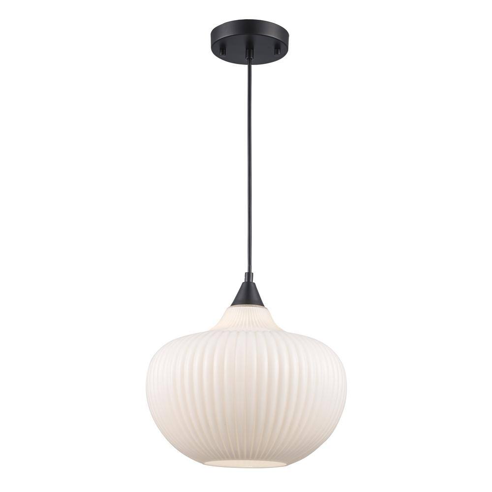 Black Ribbed Glass Globe Pendant Light