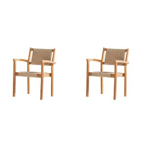 Outdoor Wood Dining Chair Strapped Wicker Seat and Back (Set of 2), Natural Finish