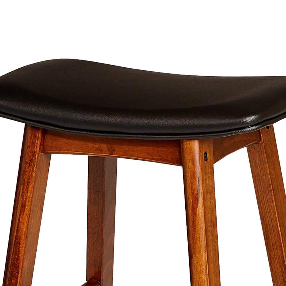 Black Leather Saddle-Style Wood Counter Stool, Set of 2