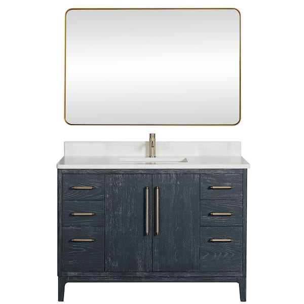ROSWELL Gara 48 in.W x 22 in.D x 33.9 in.H Single Sink Bath Vanity in Blue with White Grain Composite Stone Top and Mirror