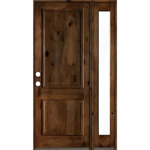 50 in. x 96 in. knotty alder Right-Hand/Inswing Clear Glass Provincial Stain Square Top Wood Prehung Front Door w/RFSL