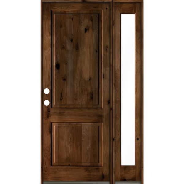 Krosswood Doors 56 in. x 96 in. knotty alder Right-Hand/Inswing Clear Glass Provincial Stain Square Top Wood Prehung Front Door w/RFSL