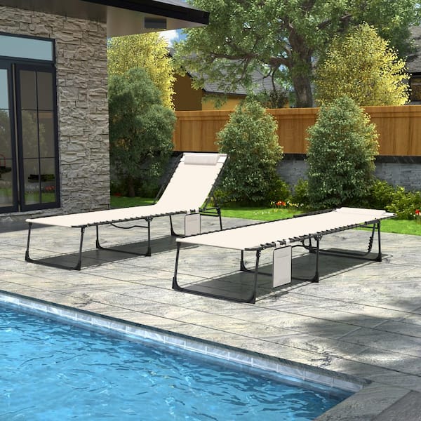 VEIKOUS 2-Piece Outdoor Folding Chaise Lounge Chairs Fully Flat for Beach with Pillow and Side Pocket, Beige