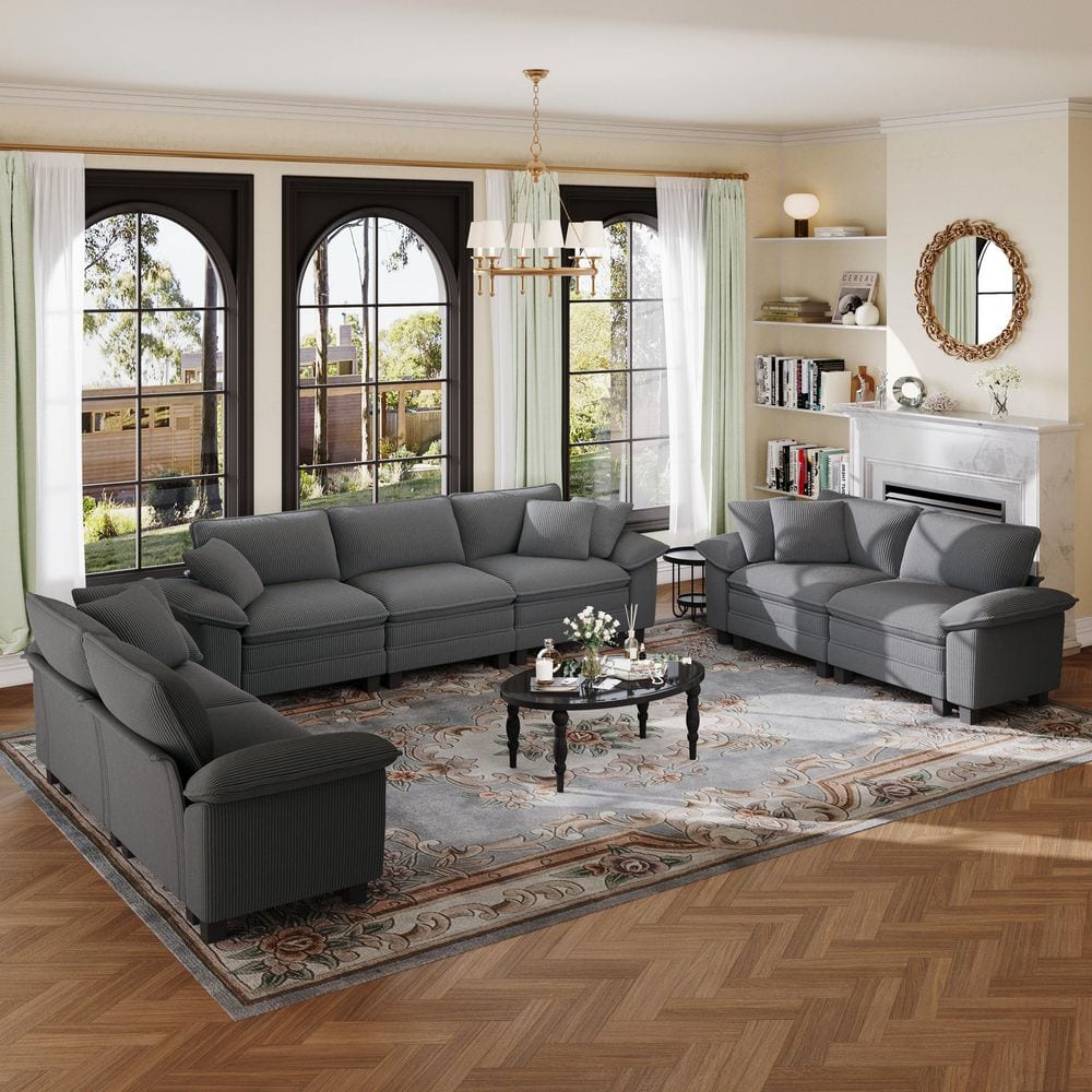 123.6 in. Flared Arm 7-Seat Corduroy Fabric Modular Sectional Sofa in Light Gray with Throw Pillows for Living Room
