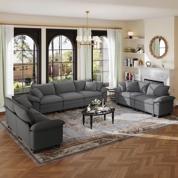 123.6 in. Flared Arm 7-Seat Corduroy Fabric Modular Sectional Sofa in Light Gray with Throw Pillows for Living Room