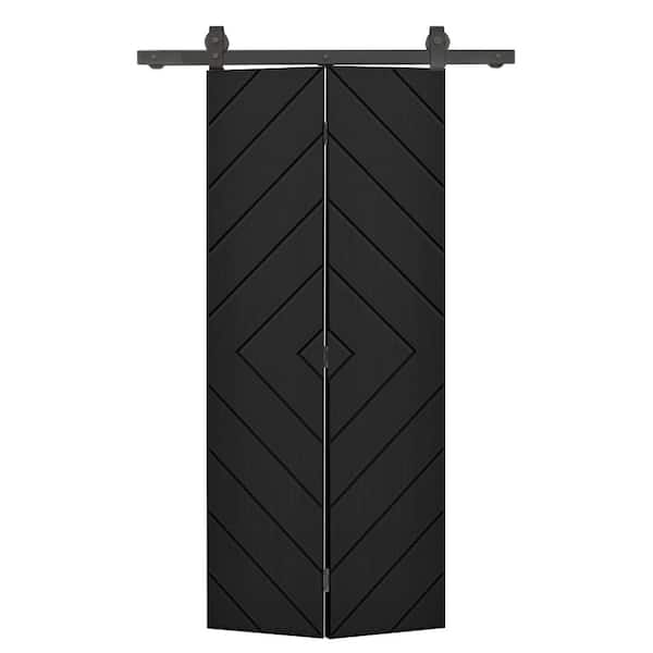 CALHOME Diamond 24 in. x 84 in. Hollow Core Black Painted MDF Composite Bi-Fold Barn Door with Sliding Hardware Kit
