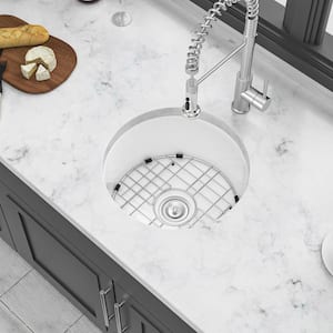 18 in. Undermount Single Bowl White Ceramic Kitchen Sink with Drain Assembly and Bottom Grid