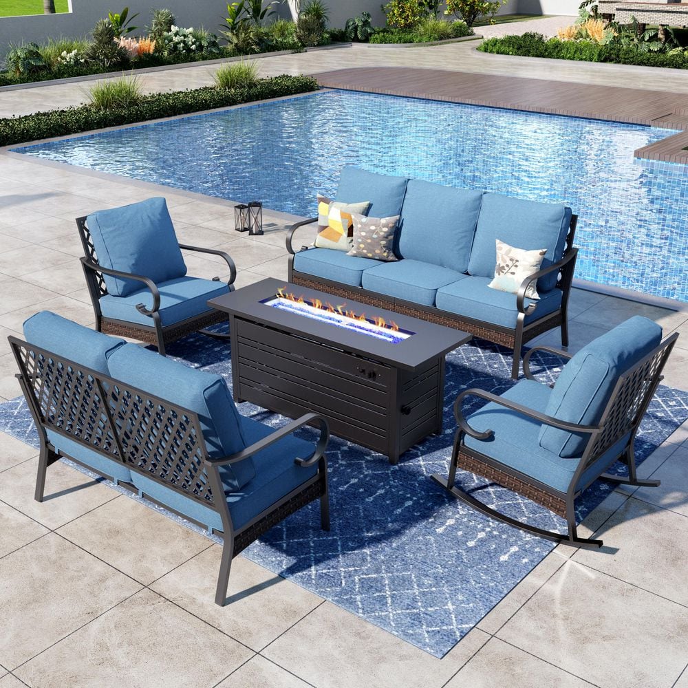 5-Piece Black Metal 7-Seats Fire Pit Patio Sets with Rocking Chairs, 50000 BTU Fire Pit Table and Denim Blue Cushions price history on PriceWatchPro