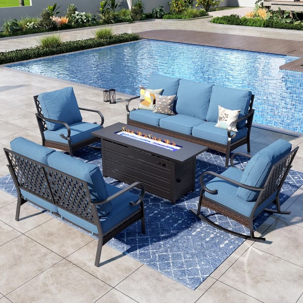 PHI VILLA 5-Piece Black Metal 7-Seats Fire Pit Patio Sets with Rocking Chairs, 50000 BTU Fire Pit Table and Denim Blue Cushions