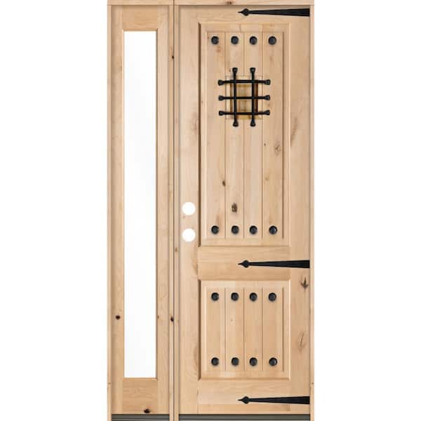 Krosswood Doors 44 in. x 96 in. Mediterranean Alder Sq Clear Low-E Unfinished Wood Right-Hand Prehung Front Door with Left Full Sidelite
