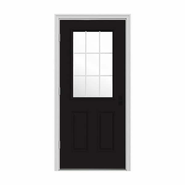 JELD-WEN 36 in. x 80 in. 9 Lite Black Painted Steel Prehung Right-Hand Outswing Entry Door w/Brickmould