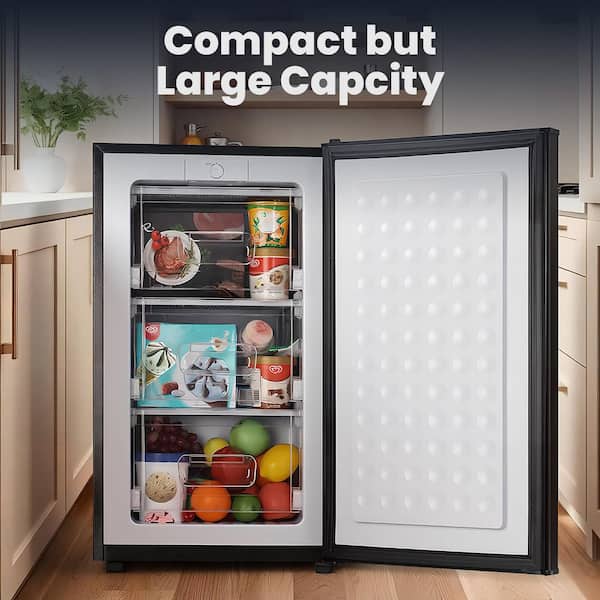 3.2 Cu. ft Upright Freezer Compact in Black Stainless with Removable Shelves for Bedroom, Office, Kitchen