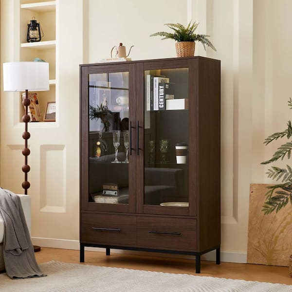 Unbranded Dark Walnut 60 in. Tall Modern Display Cabinet 3-Tier Accent Storage Cabinet with Tempered Glass Door and LED Light