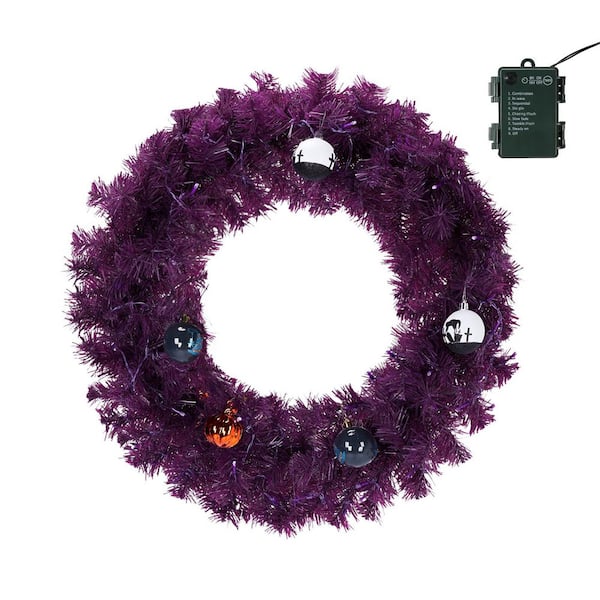 24 in. Purple Pre-Lit Artificial Halloween Wreath with Purple & Orange Lights and Ornaments