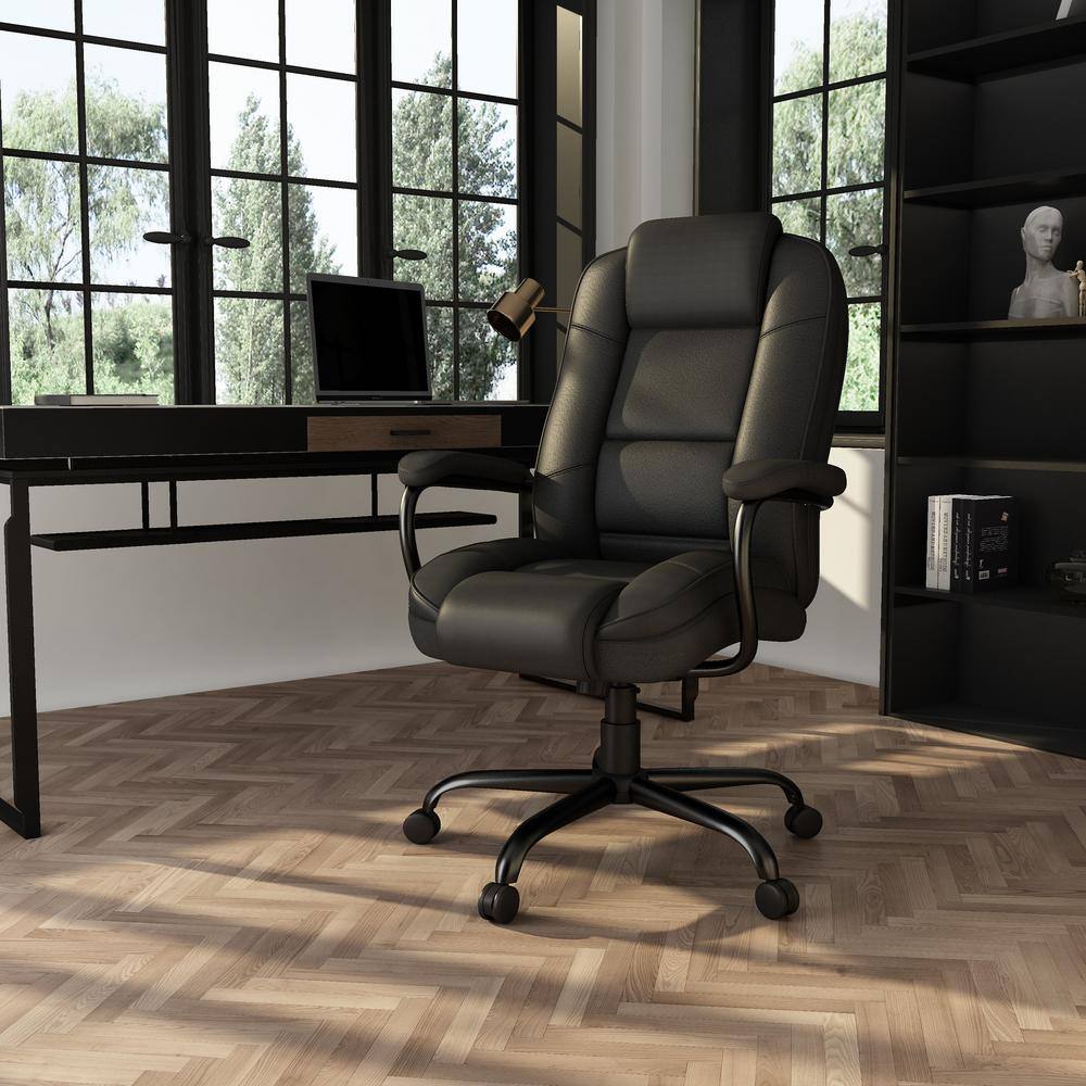 Black Leather Big and Tall Desk Chair Heavy Duty Black Steel Constuction, 400 LB Capacity