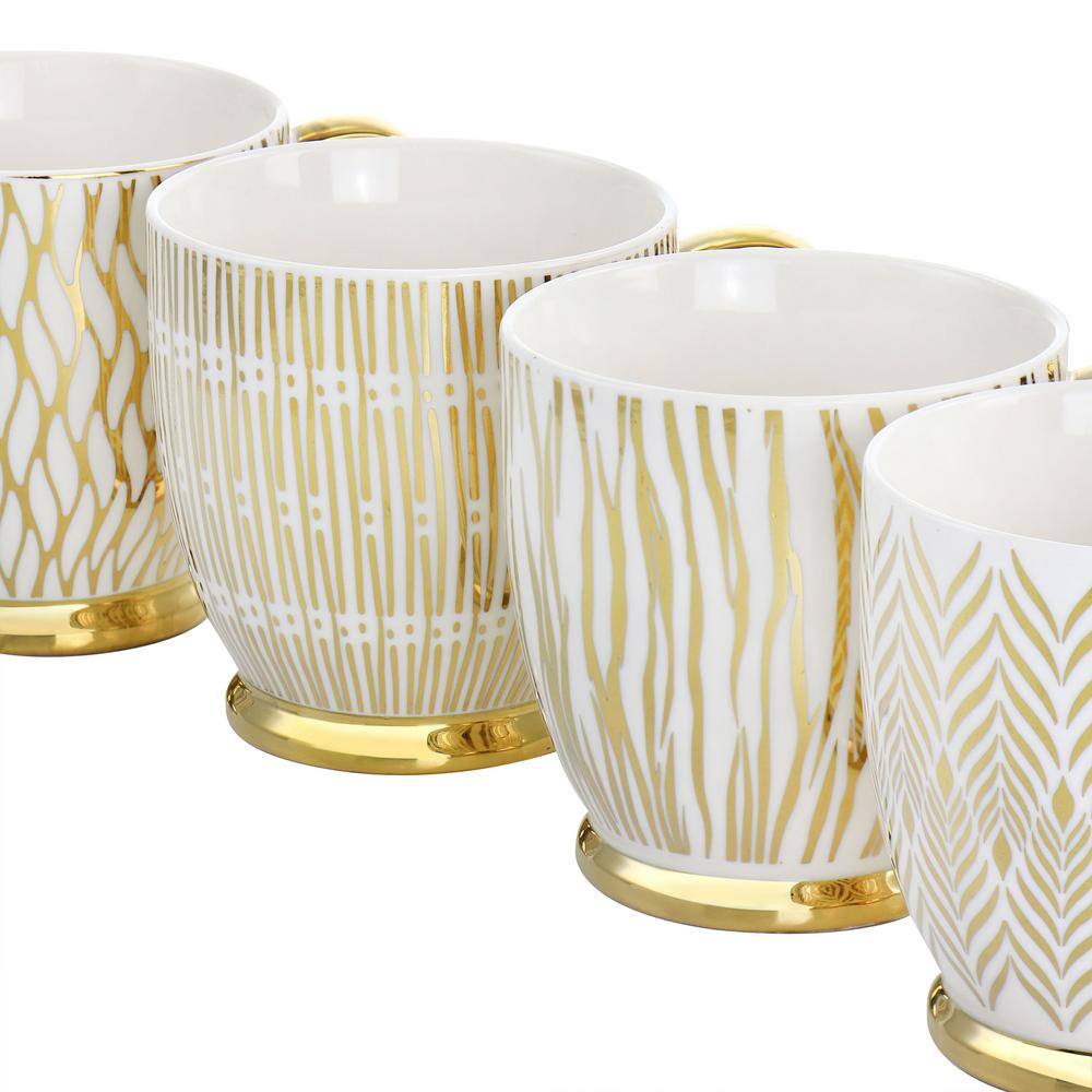 Gold Electroplated Fine Ceramic Mug Set, 4-Piece, White and Gold