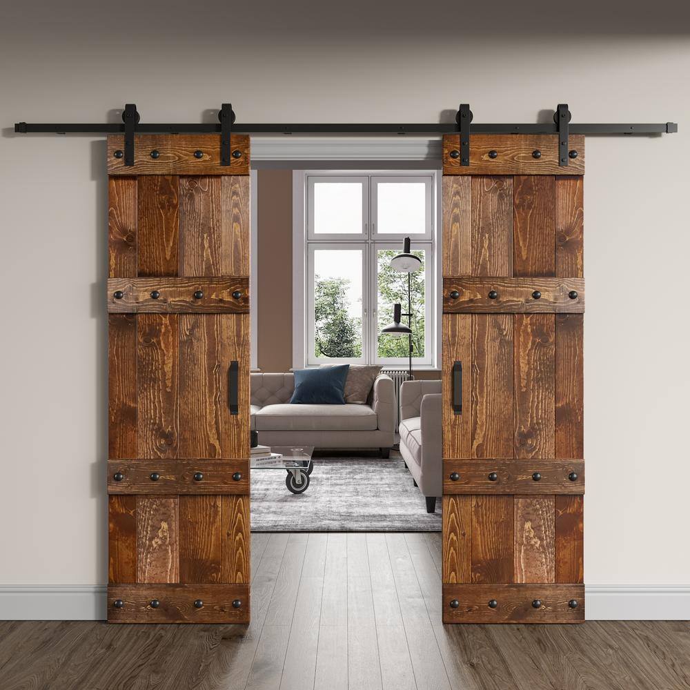Dark Walnut Pine Wood Double Sliding Barn Door with Hardware Kit