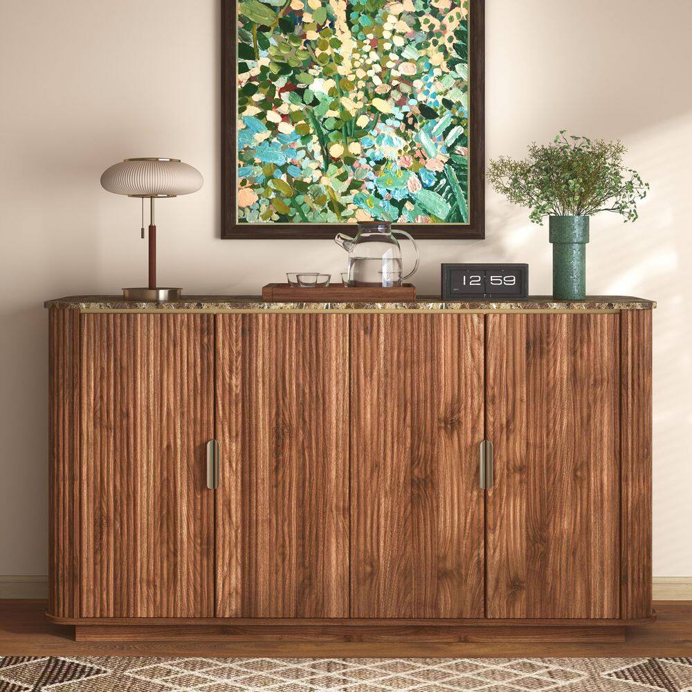 60 in. Curved Walnut Faux Marble Top 4-Door Buffet, Storage Cabinet with Fluted Doors, Adjustable Shelves and Gold Trim price history on PriceWatchPro