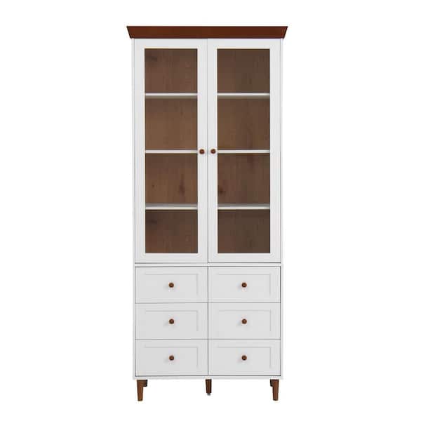 Tall Kitchen Pantry Cabinets with Glass Doors and Adjustable Shelves for Kitchen in White